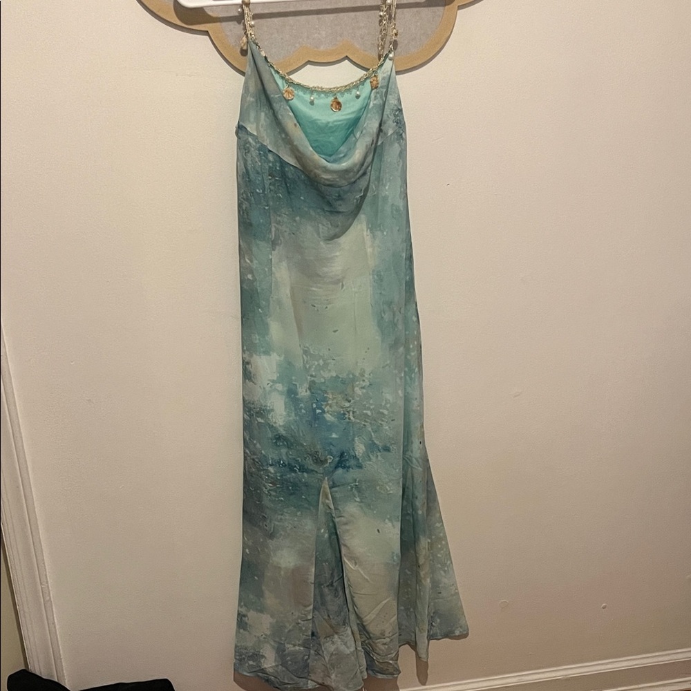 Elegant Blue and Green Dress with Chain Straps